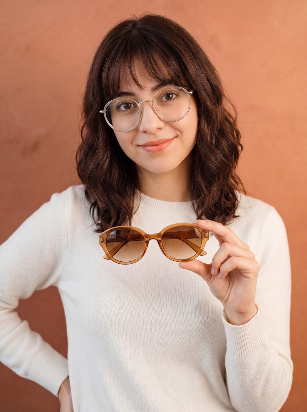 Clienta con sus lentes nuevos y un par de sol en Ópticas Car & Era